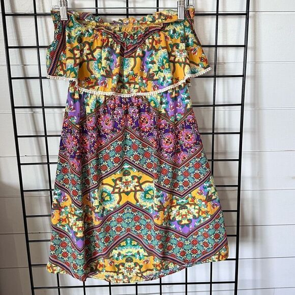 Peach Love CA Peasant Off Shoulder Strapless Ruffle Patchwork Dress Womens S Fri - Picture 4 of 8